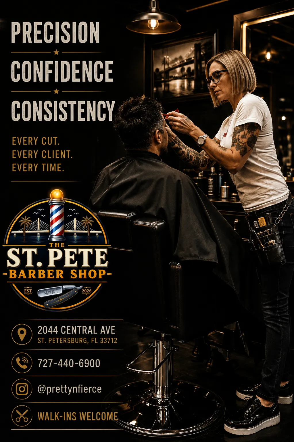 Barber cutting a client's hair at The St. Pete Barber Shop with the message Precision, Confidence, Consistency